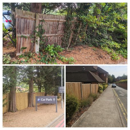 Fenced area with trees, pathways, and a car park sign in a residential setting.